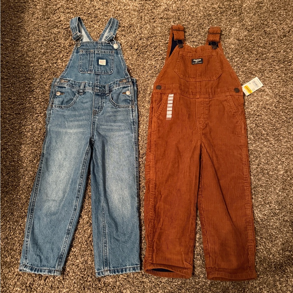 Old Navy Blue Denim and OshKosh Brown Corduroy Overalls